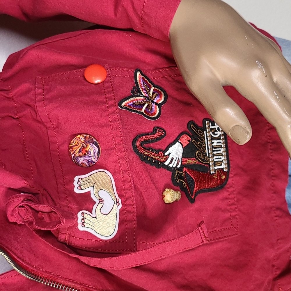 Jacket Size Medium Burgundy Red Cotton Hoodie Upcycled Patches Unique Gift Fun - Picture 3 of 9